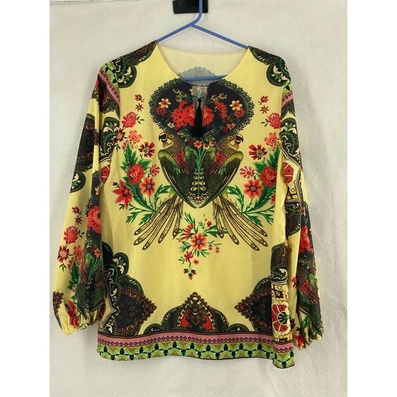 Womens Tunic Top Yellow Red Floral Parrots Long Sl - Picture 7 of 11
